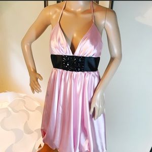 Jessica McClintock Satin Pink Bubble Halter Dress (Size 14)